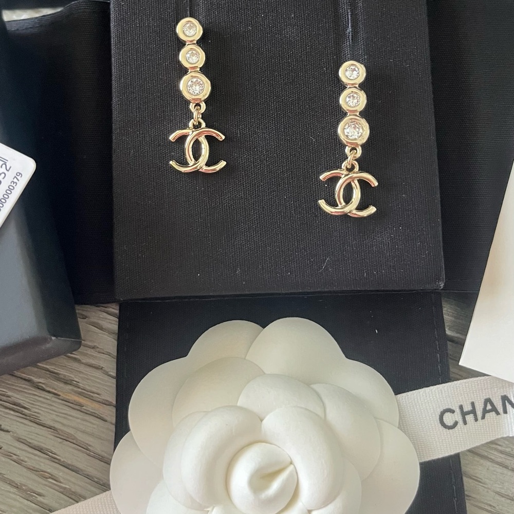 CHANEL Gold crystal Logo Drop Pendant Earrings - NEW with Tags & Receipt!